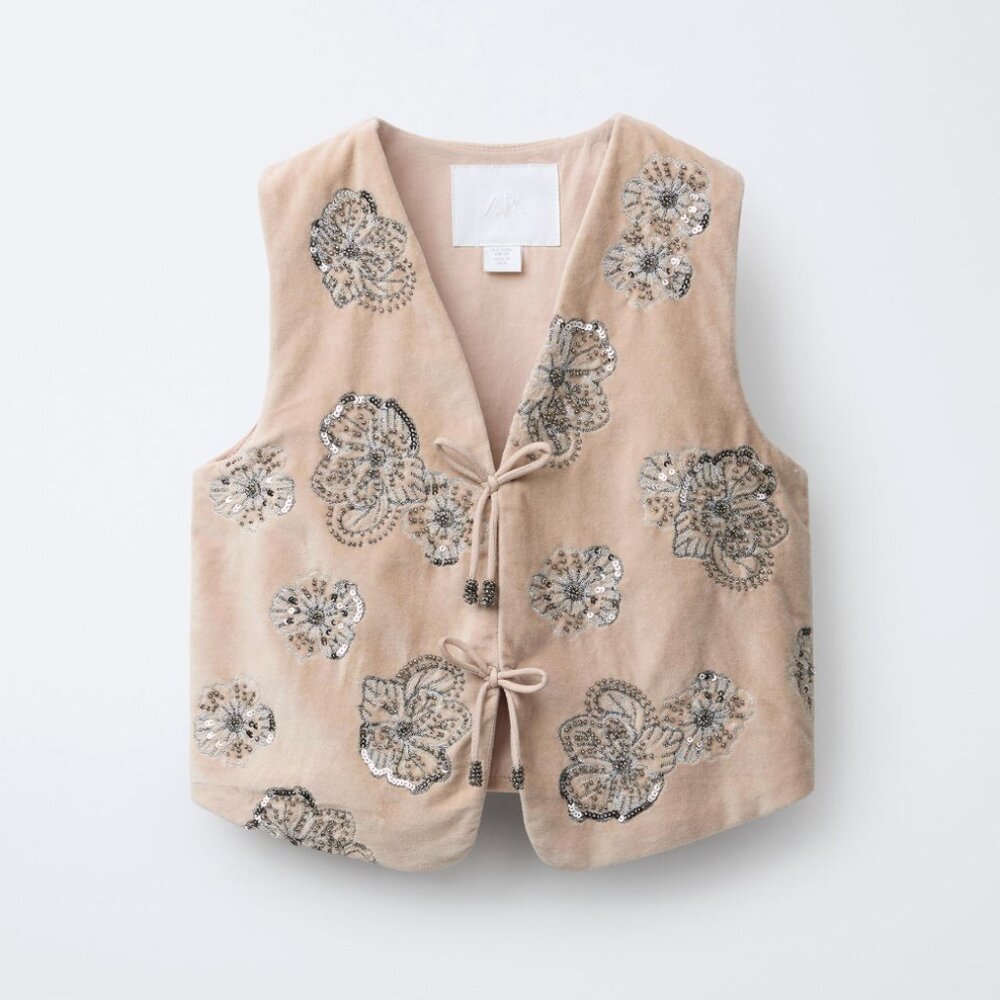 Zara Kids || Sequin Embroidered Floral Velvet Vest